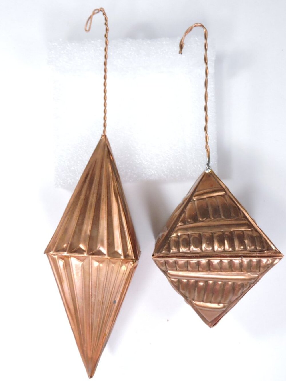 2 Vintage Pressed Copper Metal Christmas Ornaments - Embossed Pyramid Shape